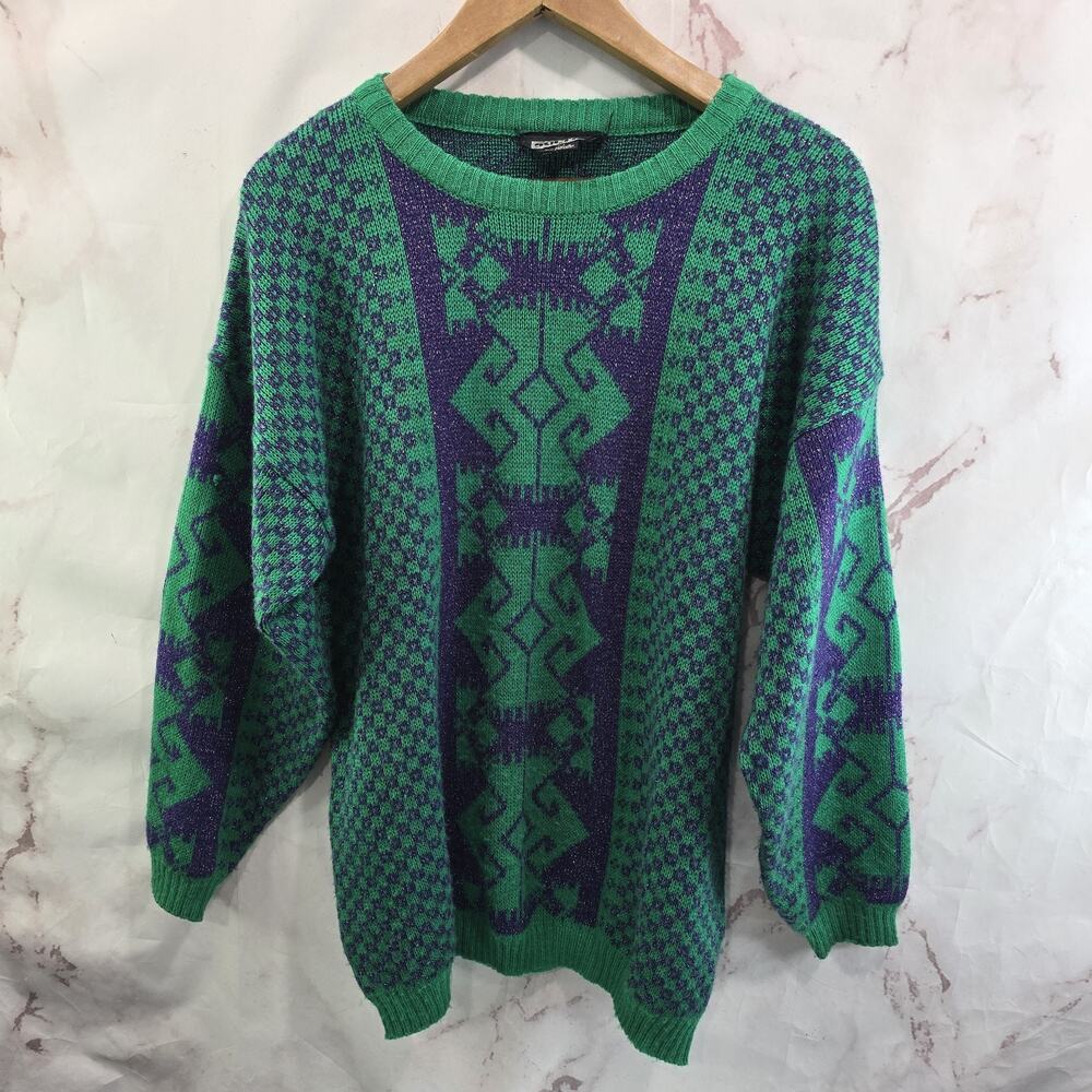 Vintage Sweater Womens Large Green Purple Oversized Nordic Sparkle Metallic
